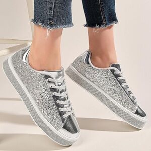 Silver Glitter Sneakers Women’s Sparkly Rhinestone Tennis Shoes 7 New